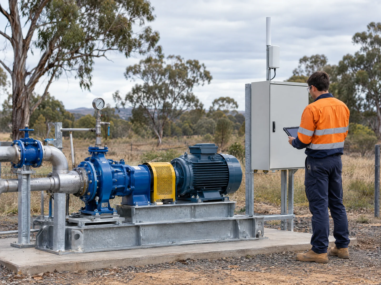 Illustrative technician using a tablet beside an industrial pump and telemetry control cabinet